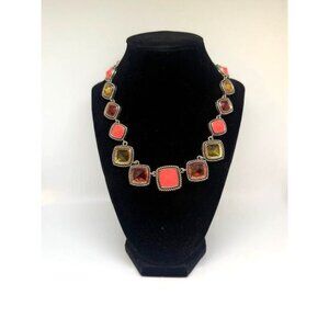 Napier Silver Tone & Coral/Amber Color Rhinestones Linked Adjustable Necklace